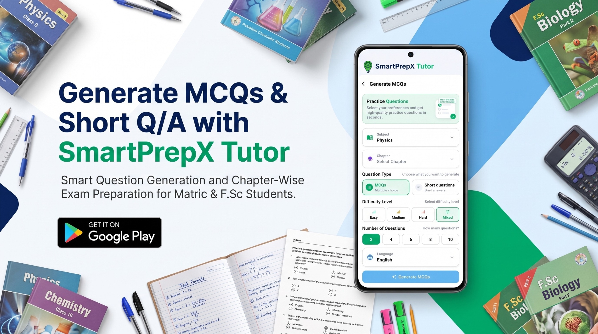 Generate MCQs and short questions with SmartPrepX Tutor