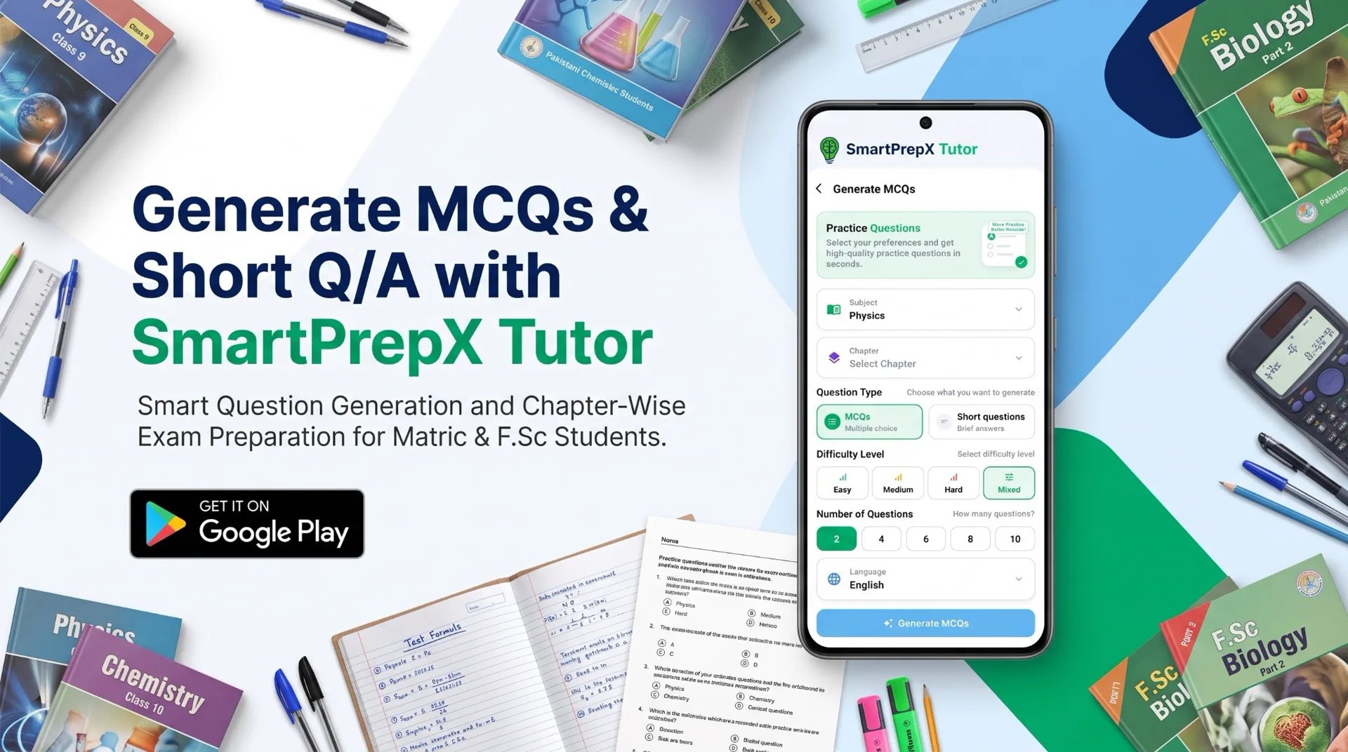 Generate MCQs and short questions with SmartPrepX Tutor
