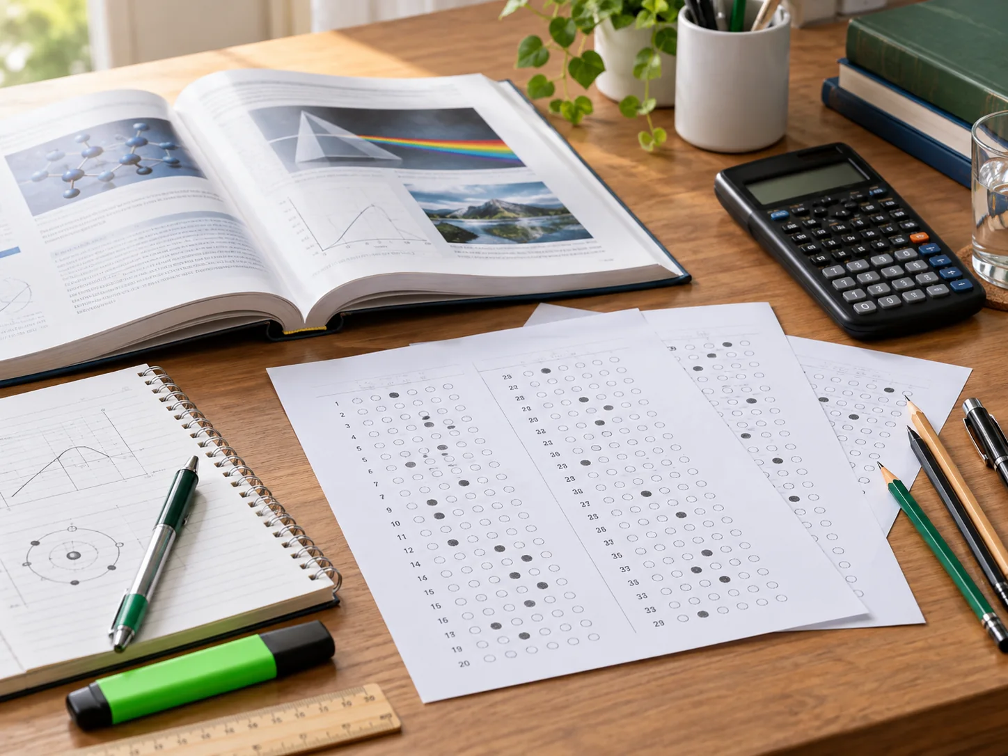 Multiple-choice answer sheets, an open science book, calculator and stationery on a study desk