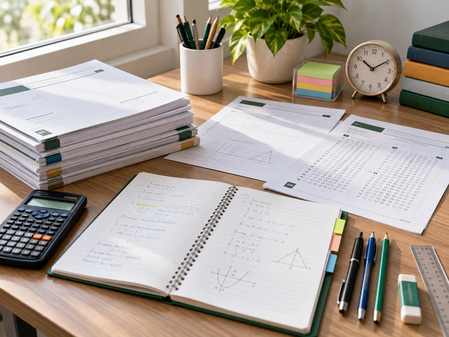 Past examination papers, answer sheets, an open notebook, calculator and stationery on a desk
