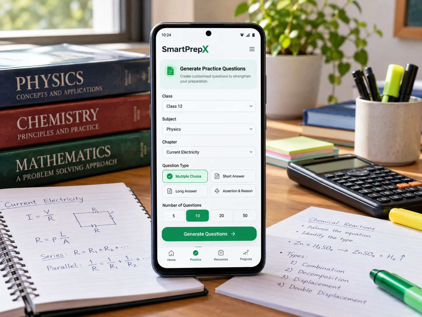 Android phone displaying an educational question generator beside textbooks and study notes
