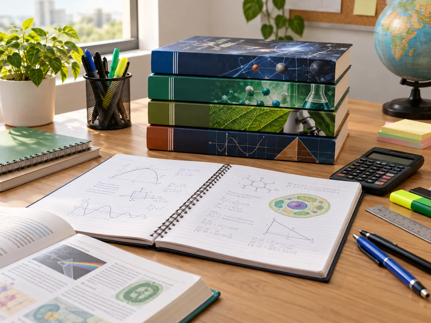 Textbooks, an open chapter notebook, calculator and stationery arranged on a study desk